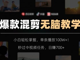 爆款混剪无脑教学，小白轻松掌握，单条播放100W+！秒过中视频任务，日赚700+【揭秘】