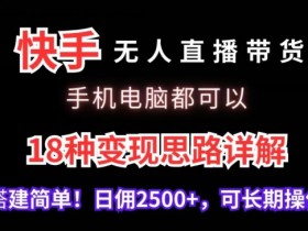 快手无人直播带货，手机电脑都可以，18种变现思路详解，搭建简单日佣2500+【揭秘】