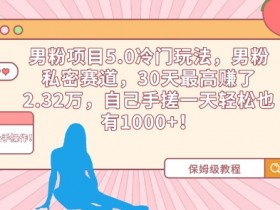男粉项目5.0冷门玩法，男粉私密赛道，30天最高赚了2.32万，自己手搓一天轻松也有1000+【揭秘】